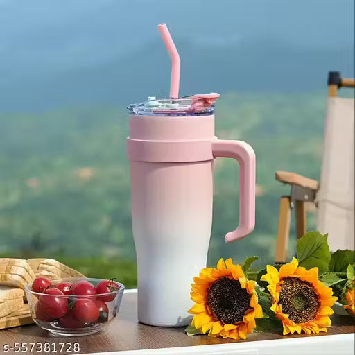 1200 ML Tumbler with Handle and Straw Lid, Pink White Insulated Travel Mug Iced Coffee Cup, 304 Reusable Stainless Steel Insulated Water Bottle, Keep Cold and Hot Water for Hours